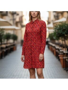 Free People Red Floral Long-Sleeve Shirt Dress y2k size 8